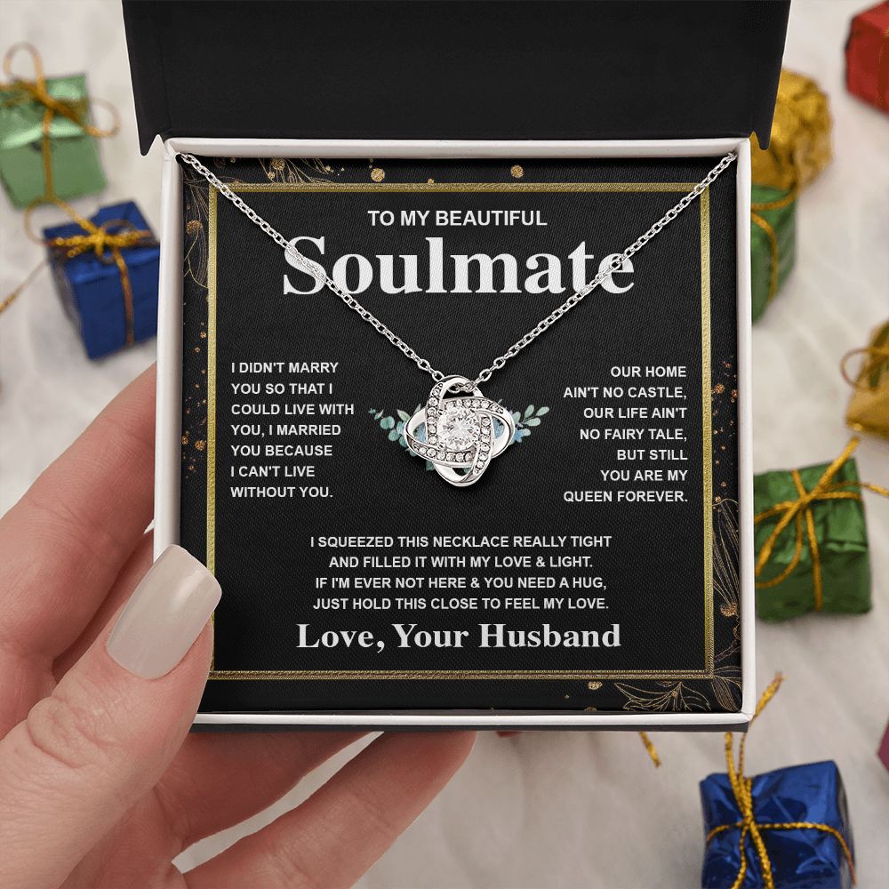 Soulmate Necklace Gift From Husband To My Badass Wife Valentines Days Anniversary Jewelry with Message Card and Gift Box. Gift for Wife. Necklace Gift Set for Wife Message Card and Necklace Love knot Thang