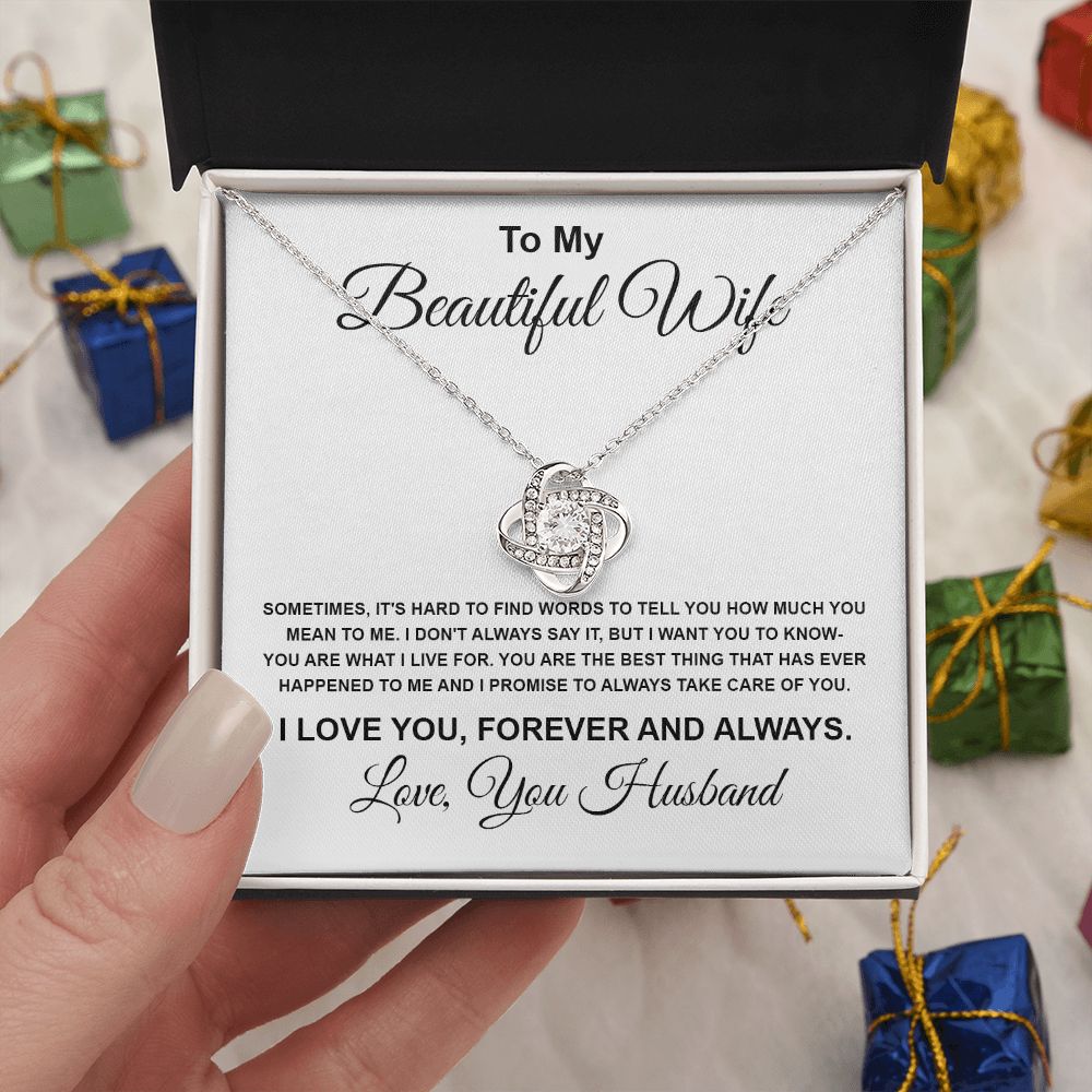 To My Beautiful Wife Necklace From Husband Pendant Jewelry with Message Card and Box Necklaces for Women Valentines Day Happy Wedding Present for Birthday Merry Christmas for Wife Love knot Thang