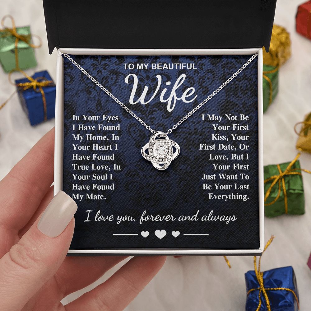 To My Beautiful Wife Necklace Gift, Soulmate for Wife Birthday Gifts from Husband, Wedding for Women, Soulmate Gifts, Message Card and Necklace Gifts Box Gift Box Styles on Birthday, Wedding, Anniversary, Valentine Love knot Thang