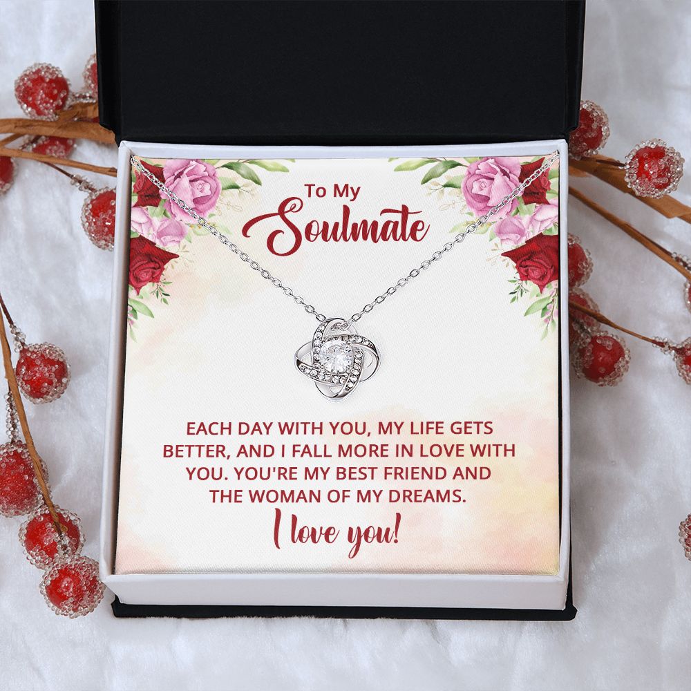 To My Soulmate Necklace I Love You Wife Love Knot Message Card and Box Gift Set for Girlfriend Women from Husband Boyfriend Couples, Meaningful Necklace Message Card and Gift Box Styles on Birthday, Christmas, Anniversary Love knot Thang