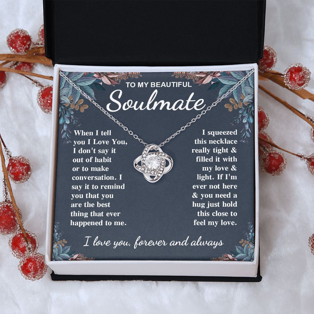To My Beautiful Soulmate Necklace Gift for Her, Soulmate for Wife Valentine Gifts from Husband, Birthday for Women, Soulmate Gifts, Message Card and Necklace Gifts Box Gift Box Styles on Birthday, Wedding, Anniversary, Valentine Love knot Thang