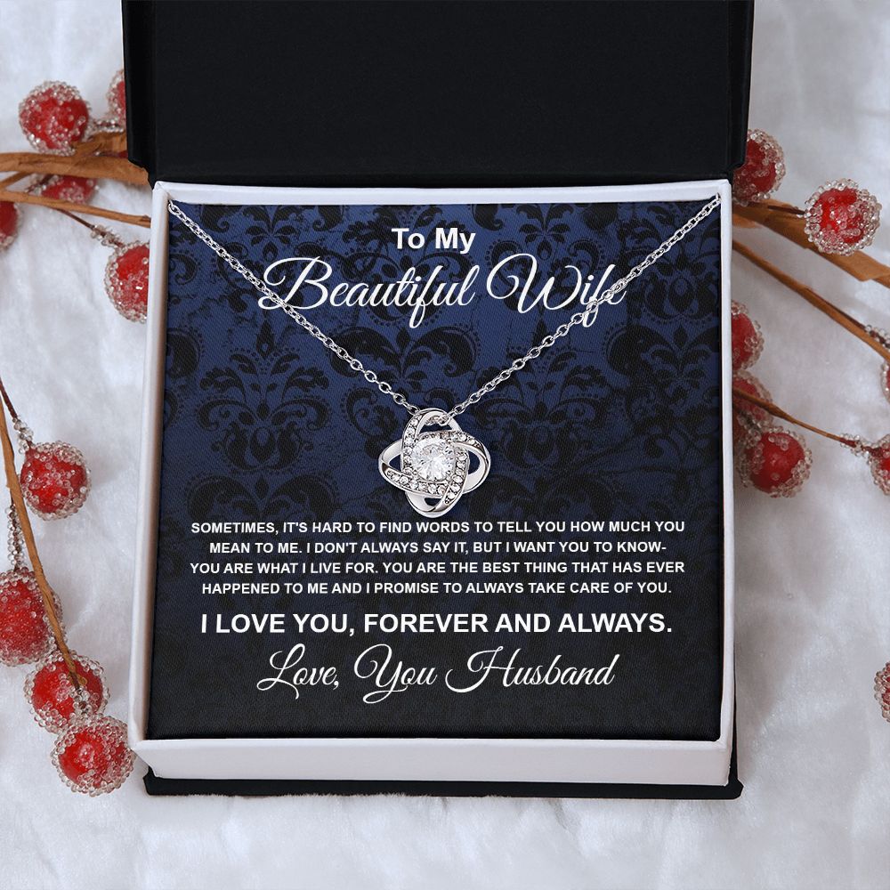 To My Beautiful Wife Necklace From Husband Pendant Jewelry with Message Card and Box Necklaces for Women Valentines Day Happy Anniversary Wedding Present for Birthday Merry Christmas for Wife Love knot Thang