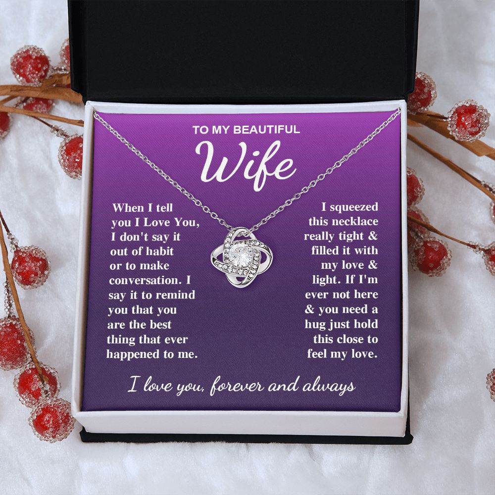 To My Beautiful Wife Necklace Gifts for Her, Soulmate for Wife Birthday Gifts from Husband, Valentine for Women, Soulmate Gifts, Message Card and Necklace Gifts Box Gift Box Styles on Birthday, Wedding, Anniversary, Valentine Love knot Thang