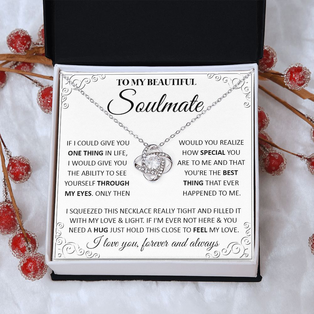 Couples Gifts, To My Beautiful Soulmate Necklace From Husband, Wedding Anniversary For Wife From Husband, Wife Wedding From Husband, To My Wife, Necklace Custom Name Message Card and Gift Box Styles on Birthday, Christmas, Wedding, Anniversary Love knot T