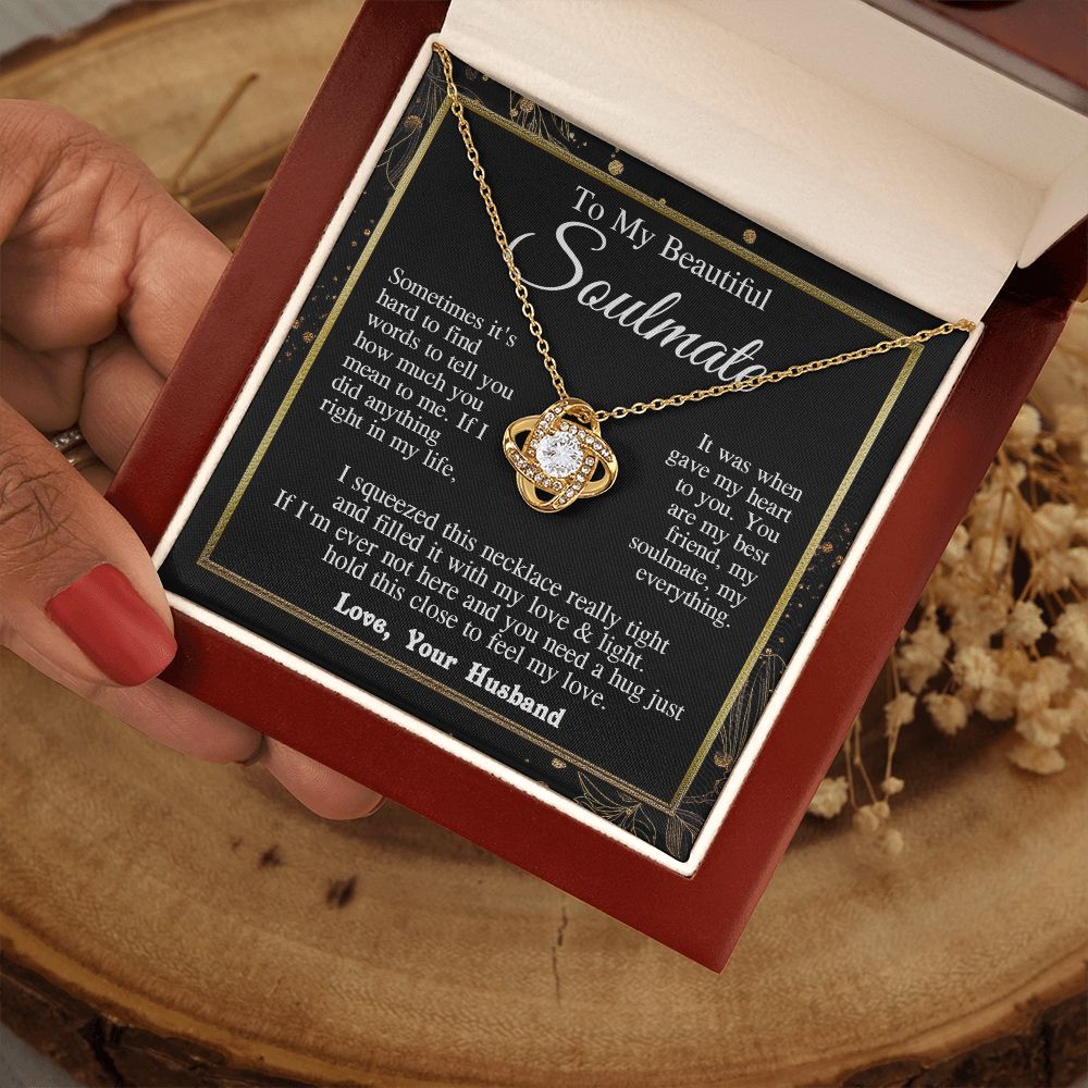 Soulmate Necklace from Husband, Valentine Romantic Gift for Wife from Husband to My Wife Necklaces, Wife Jewelry Necklace Message Card and Necklace Gift Box Gift Box Styles on Birthday, Wedding, Anniversary, Valentine Love knot Thang