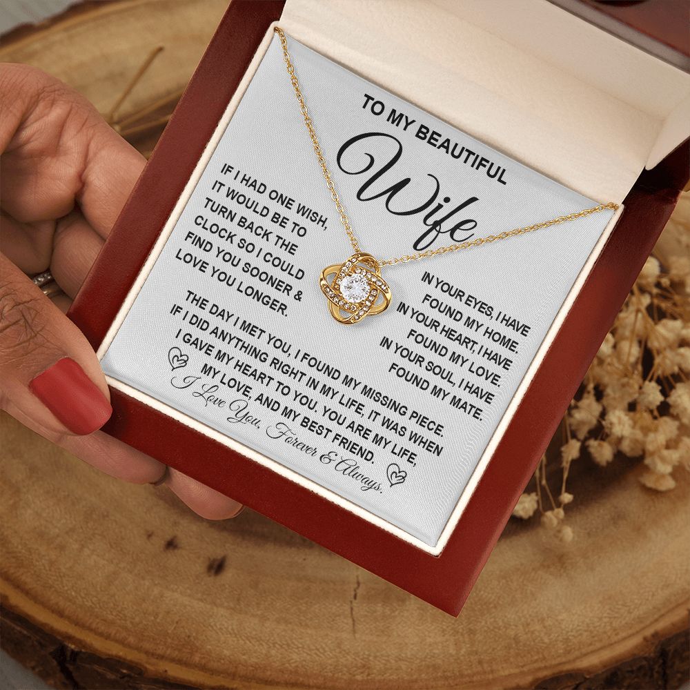 To My Beautiful Wife Necklace Gift for Her, Soulmate for Wife Birthday Gifts from Husband, Anniversary Jewelry for Women, Soulmate Gifts, Message Card and Necklace Gifts Box Gift Box Styles on Birthday, Wedding, Anniversary, Valentine Love knot Thang