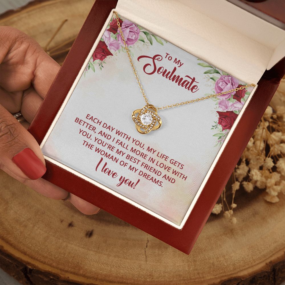 To My Soulmate Necklace I Love You Wife Love Knot Message Card and Box Gift Set for Girlfriend Women from Husband Boyfriend Couples, Meaningful Necklace Message Card and Gift Box Styles on Birthday, Christmas, Anniversary Love knot Thang