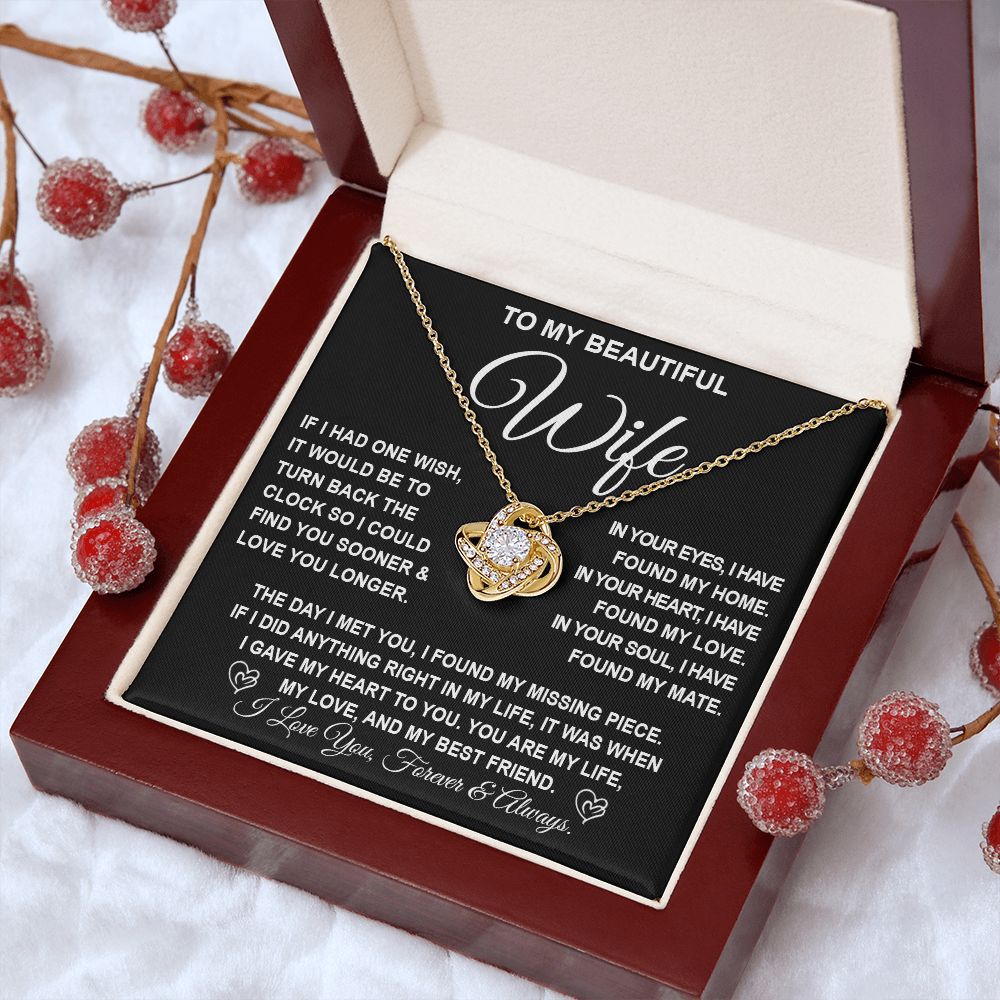 To My Beautiful Wife Necklace Gift for Her, Soulmate for Wife Birthday Gifts from Husband, Valentine Jewelry for Women, Soulmate Gifts, Message Card and Necklace Gifts Box Gift Box Styles on Birthday, Wedding, Anniversary, Valentine Love knot Thang