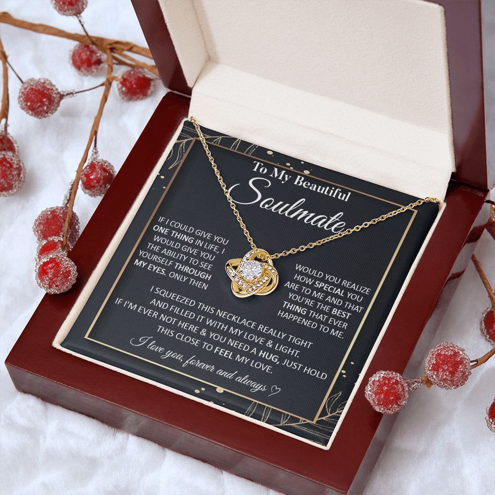 Couples Gifts To My Beautiful Soulmate Necklace From Husband, Anniversary For Wife From Husband, Wife Wedding From Husband, To My Wife, Necklace Custom Name Message Card and Gift Box Styles on Birthday, Christmas, Wedding, Anniversary Love knot Thang