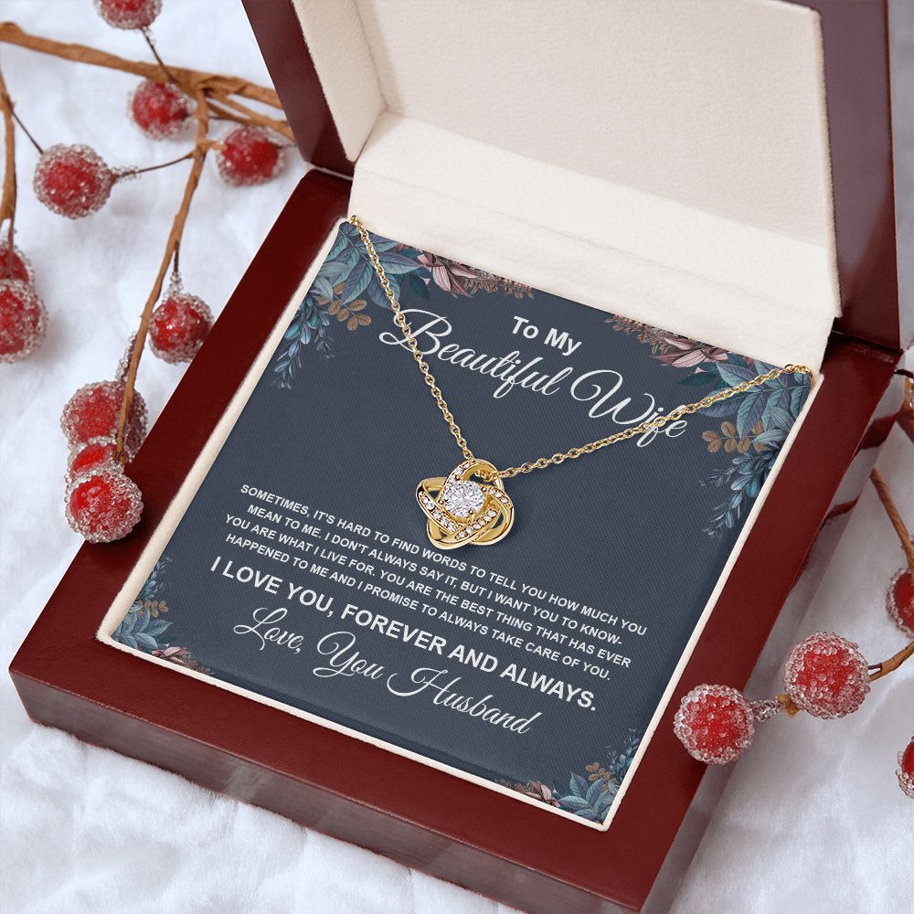 To My Beautiful Wife Necklace From Husband Pendant Jewelry with Message Card and Box Necklaces for Women Valentines Day Happy Anniversary Wedding Present for Birthday Merry Christmas for Wife Necklace Love knot Thang