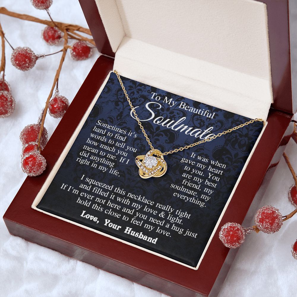 Soulmate Necklace from Husband, Anniversary Romantic Gift for Wife from Husband to My Wife Necklaces for Wife Birthday Gifts, Wife Jewelry Necklace Message Card and Necklace Gift Box Gift Box Styles on Birthday, Wedding, Anniversary, Valentine Love knot T