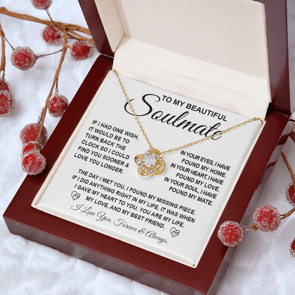 To My Beautiful Soulmate Necklace Gift for Her, Soulmate for Wife Birthday Gifts from Husband, Anniversary Jewelry for Women, Soulmate Gifts, Message Card and Necklace Gifts Box Gift Box Styles on Birthday, Wedding, Anniversary, Valentine Love knot Thang