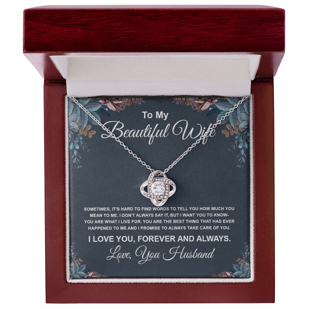 To My Beautiful Wife Necklace From Husband Pendant Jewelry with Message Card and Box Necklaces for Women Valentines Day Happy Anniversary Wedding Present for Birthday Merry Christmas for Wife Necklace Love knot Thang