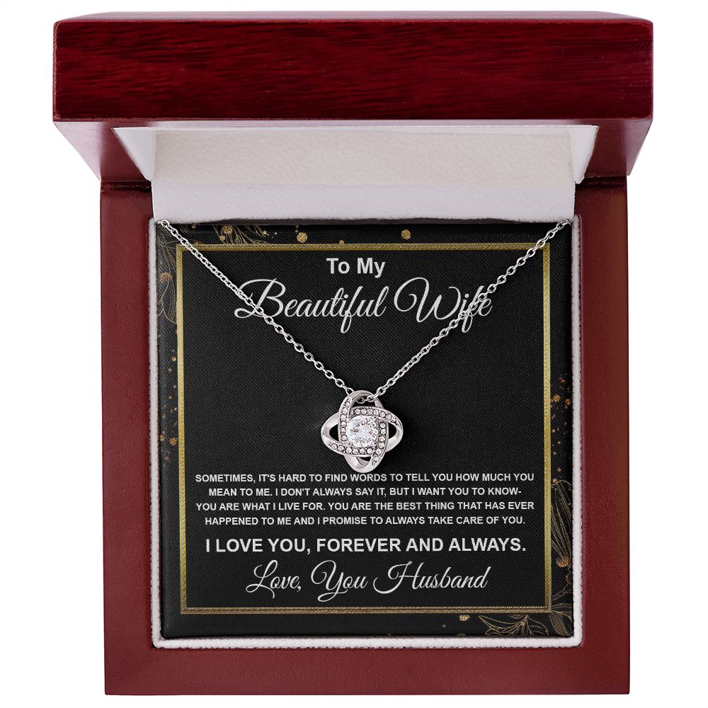 To My Beautiful Wife Necklace From Husband Pendant Jewelry with Message Card and Box Necklaces for Women Valentines Day Happy Anniversary Wedding Present for Birthday, Merry Christmas for Wife Love knot Thang