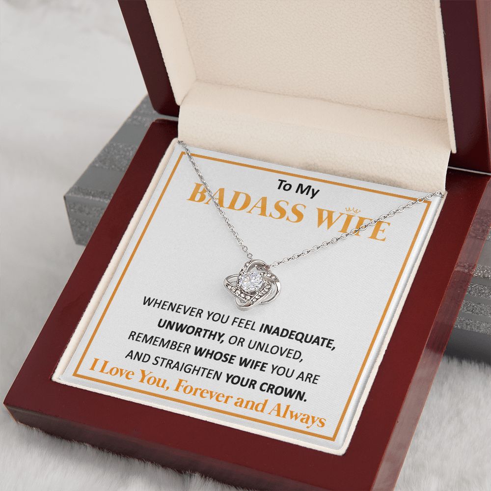 Couples Gifts, To My Badass Dear Wife Necklace Gifts From Husband, Wedding Anniversary For Wife From Husband, Wife Birthday From Husband, Necklace Custom Name Message Card and Gift Box Styles on Birthday, Christmas, Wedding, Anniversary Love knot Thang