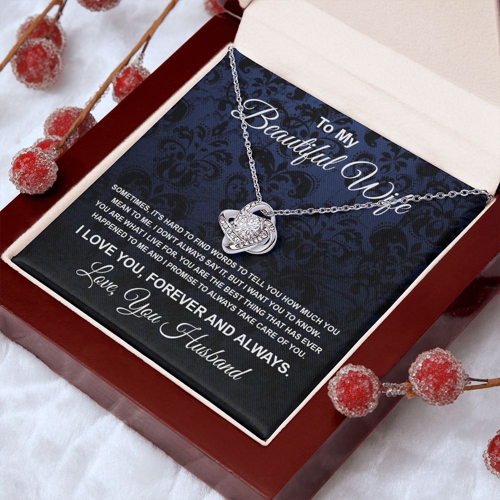 To My Beautiful Wife Necklace From Husband Pendant Jewelry with Message Card and Box Necklaces for Women Valentines Day Happy Anniversary Wedding Present for Birthday Merry Christmas for Wife Love knot Thang