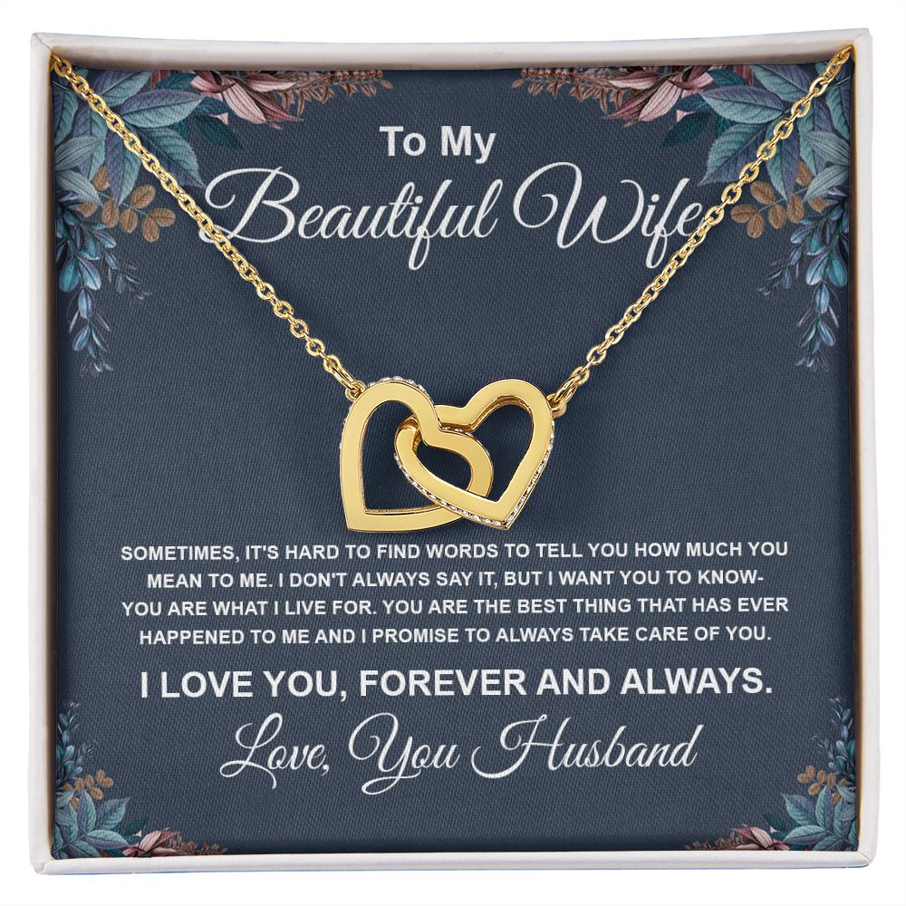 To My Beautiful Wife Necklace From Husband Pendant Jewelry with Message Card and Box Necklaces for Women Valentines Day Happy Anniversary Wedding Present for Birthday Merry Christmas for Wife Necklace Interlocking Heart