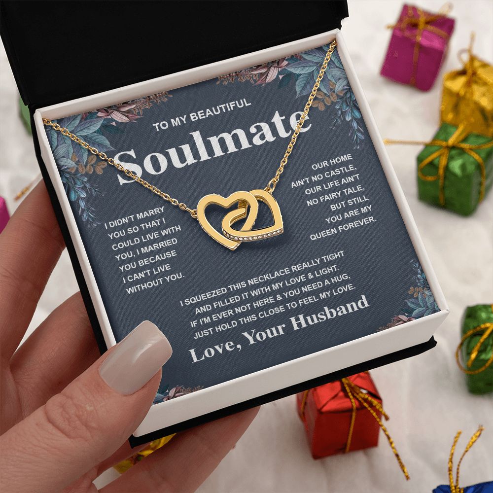 Soulmate Necklace Gift From Husband To My Badass Wife Valentines Days Anniversary Jewelry with Message Card and Gift Box. Gift for Wife. Necklace Gift Set for Wife Message Card and Necklace Gifts Box Gift Box Styles Interlocking Heart