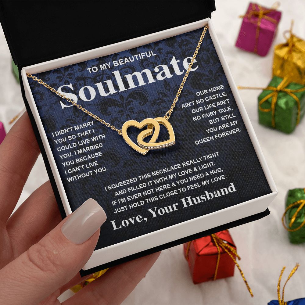 Soulmate Necklace Gift From Husband To My Badass Wife Valentines Day Anniversary Jewelry with Message Card and Gift Box. Gift for Wife. Necklace Gift Set for Wife Message Card and Necklace Gifts Box Gift Box Styles Interlocking Heart