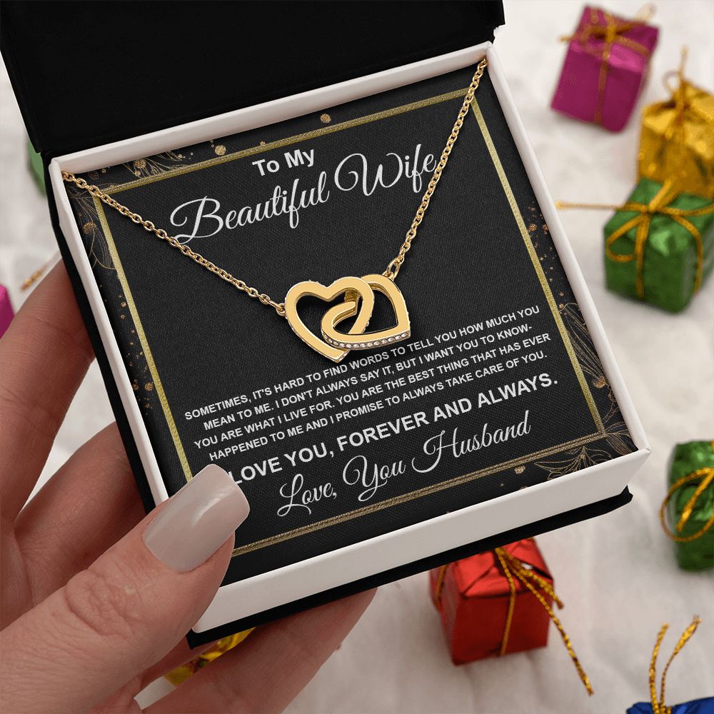 To My Beautiful Wife Necklace From Husband Pendant Jewelry with Message Card and Box Necklaces for Women Valentines Day Happy Anniversary Wedding Present for Birthday, Merry Christmas for Wife Interlocking Heart
