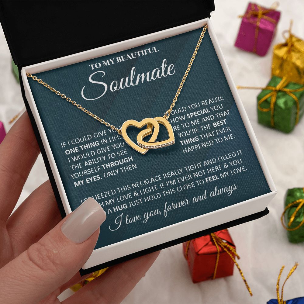 Couples Gifts, To My Beautiful Soulmate Necklace From Husband, Valentine For Wife From Husband, Wife Wedding From Husband, To My Wife, Necklace Custom Name Message Card and Gift Box Styles on Birthday, Christmas, Wedding, Anniversary Interlocking Heart