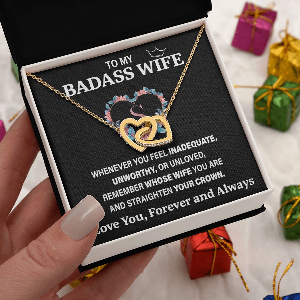 Wife Necklace Gift From Husband To My Badass Wife Pendant Valentines Day Anniversary Jewelry with Message Card and Gift Box. Gift for Wife. Necklace Gift Set for Wife Necklace Gifts Box Gift Box Styles Interlocking Heart