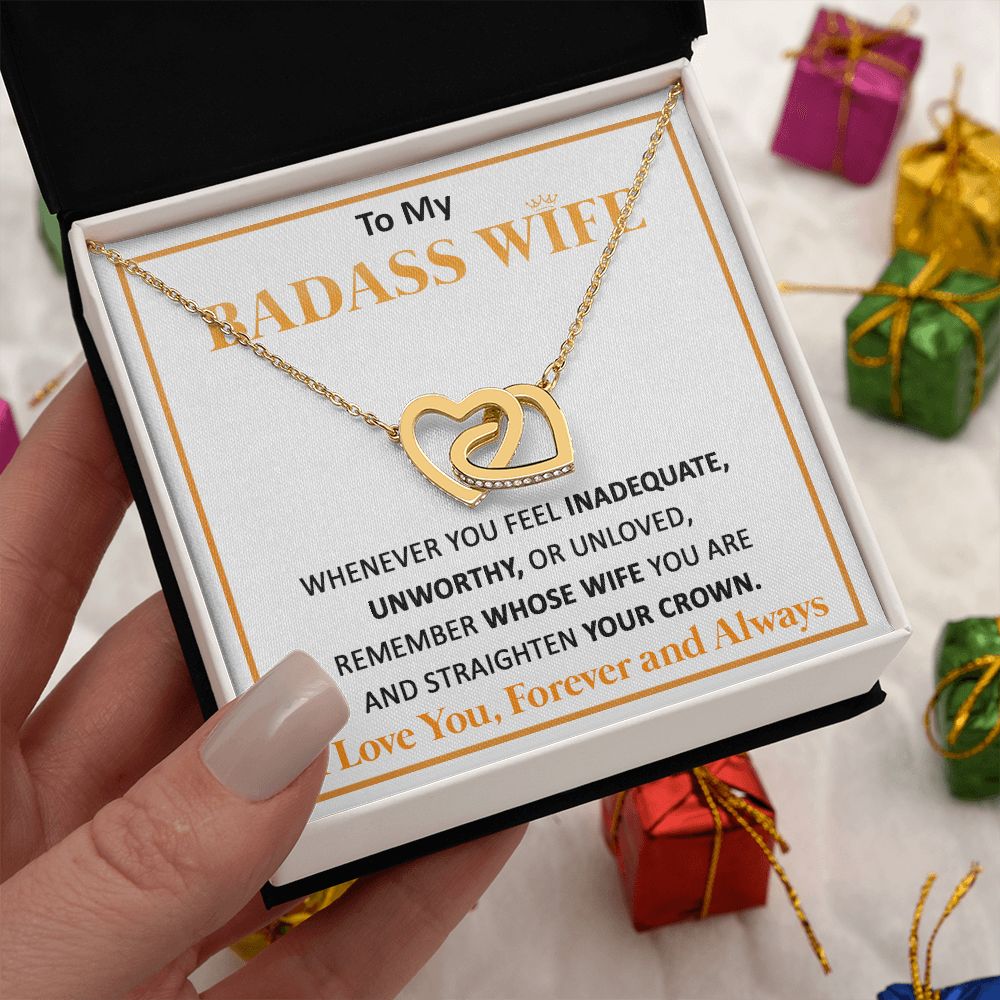 Couples Gifts, To My Badass Dear Wife Necklace Gifts From Husband, Wedding Anniversary For Wife From Husband, Wife Birthday From Husband, Necklace Custom Name Message Card and Gift Box Styles on Birthday, Christmas, Wedding, Anniversary Interlocking Heart