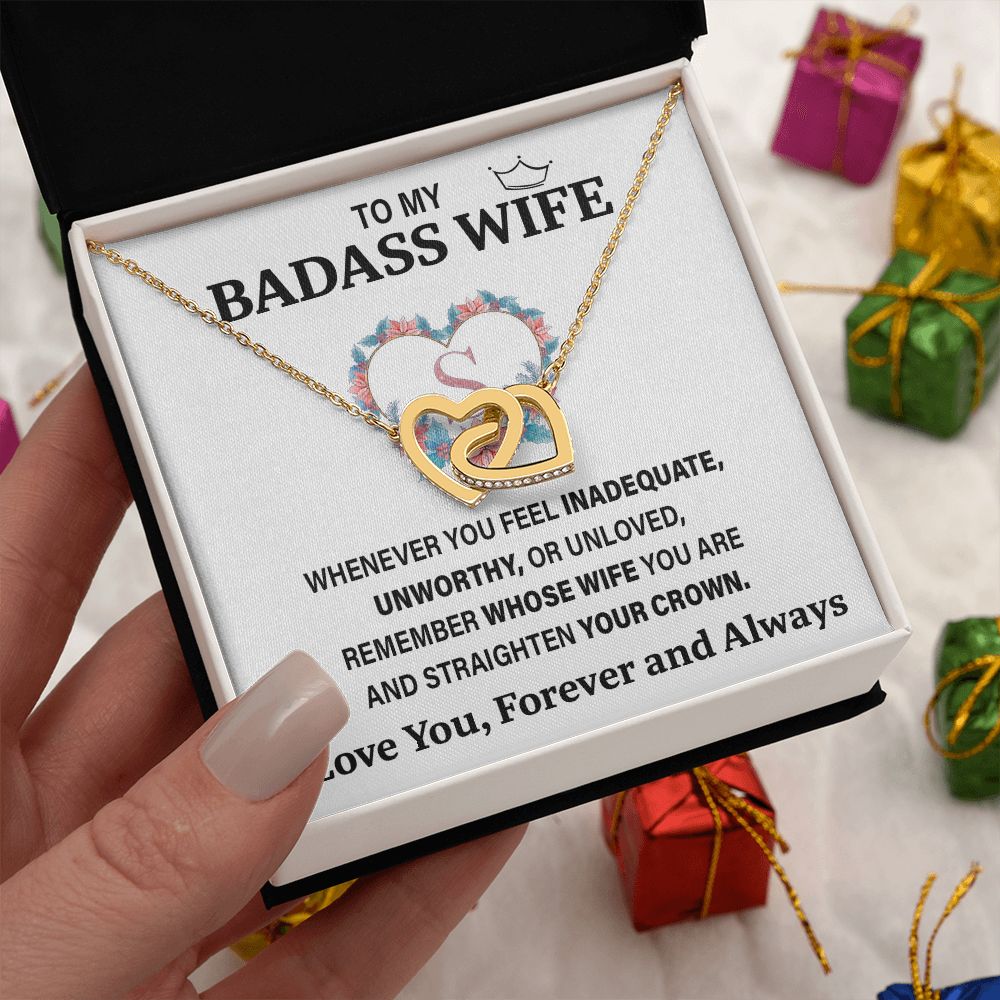 Wife Necklace Gifts From Husband To My Badass Wife Pendant Valentines Day Anniversary Jewelry with Message Card and Gift Box. Gift for Wife. Necklace Gift Set for Wife Interlocking Heart