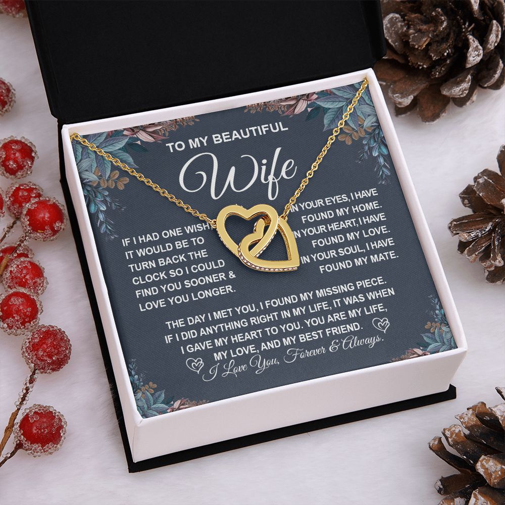 To My Beautiful Wife Necklace Gift for Her, Soulmate for Wife Valentine Gifts from Husband, Birthday Jewelry for Women, Soulmate Gifts, Message Card and Necklace Gifts Box Gift Box Styles on Birthday, Wedding, Anniversary, Valentine Interlocking Heart