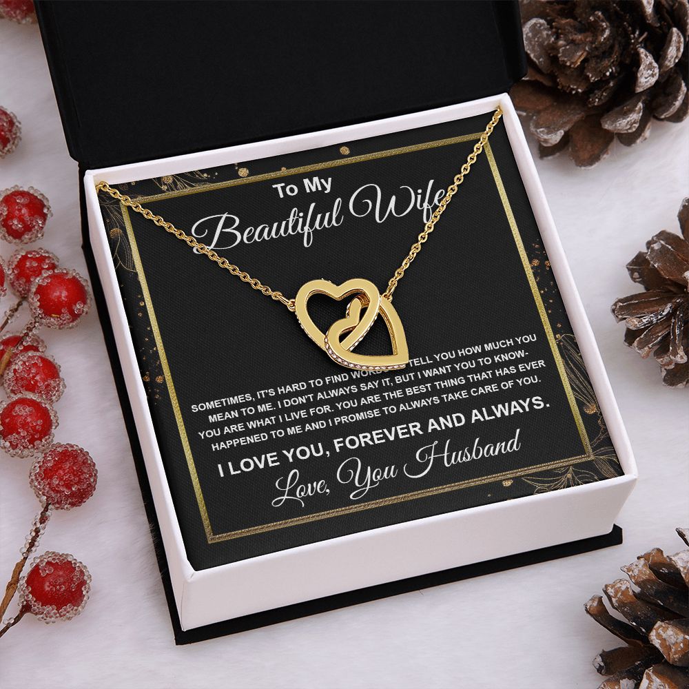 To My Beautiful Wife Necklace From Husband Pendant Jewelry with Message Card and Box Necklaces for Women Valentines Day Happy Anniversary Wedding Present for Birthday, Merry Christmas for Wife Interlocking Heart