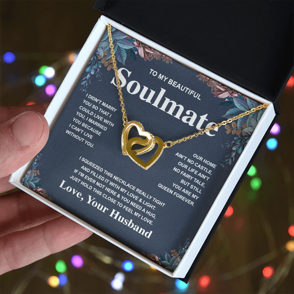 Soulmate Necklace Gift From Husband To My Badass Wife Valentines Days Anniversary Jewelry with Message Card and Gift Box. Gift for Wife. Necklace Gift Set for Wife Message Card and Necklace Gifts Box Gift Box Styles Interlocking Heart
