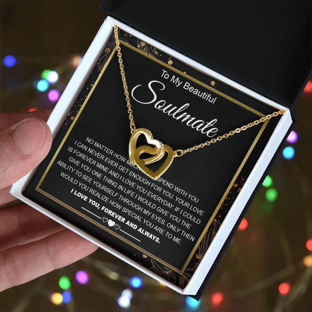 To My Beautiful Soulmate Necklace Gifts for Wife from Husband, Wife Valentine Gifts, Gift for Wife, Message Card and Necklace Gift Box Gift Box Styles on Birthday, Wedding, Anniversary, Valentine Interlocking Heart