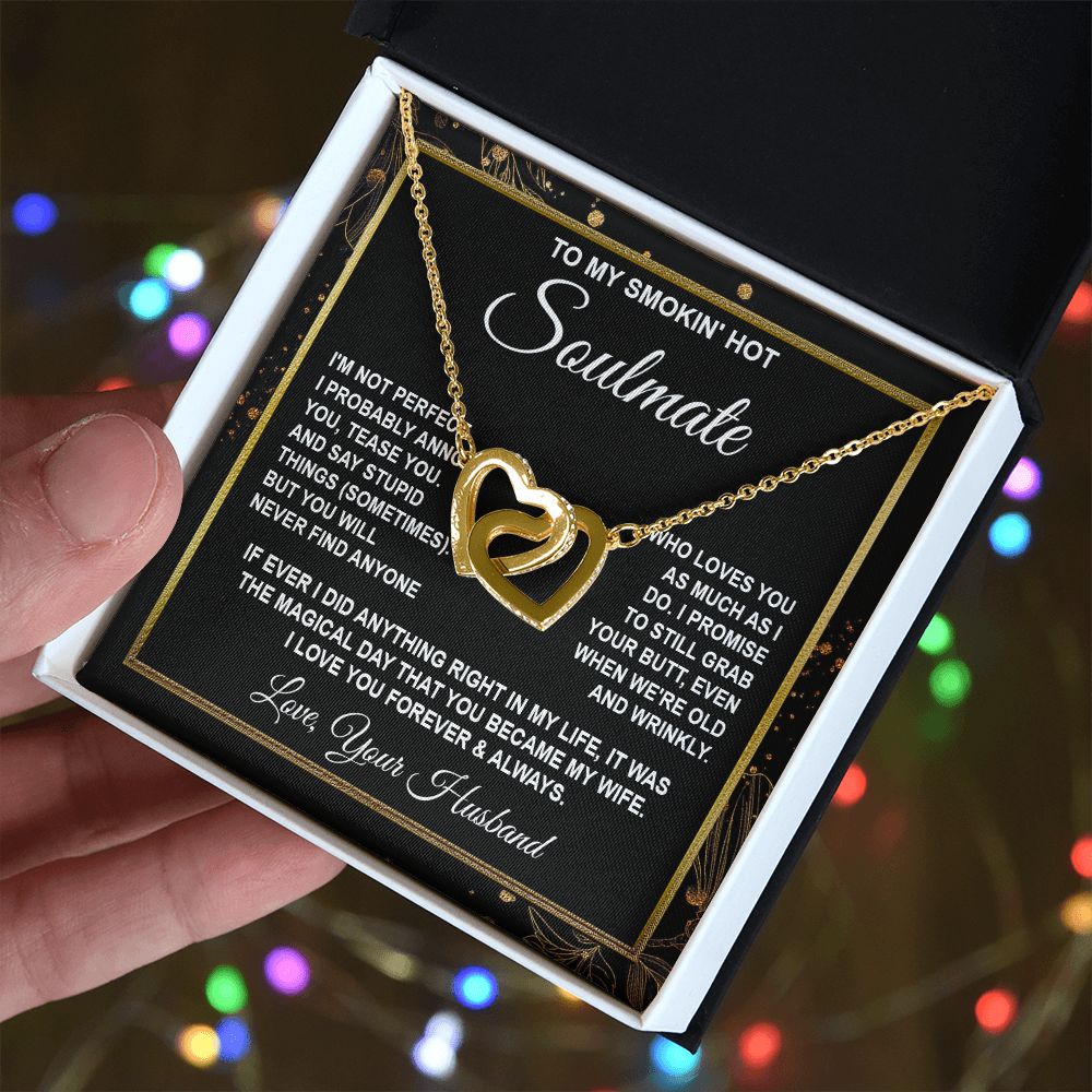 Soulmate Necklace Gifts from Husband, Anniversary Gifts for Wife from Husband, Wife Valentine Gift from Husband, To My Wife Necklace Message Card and Necklace Gifts Box Gift Box Styles on Birthday, Wedding, Anniversary, Valentine Interlocking Heart