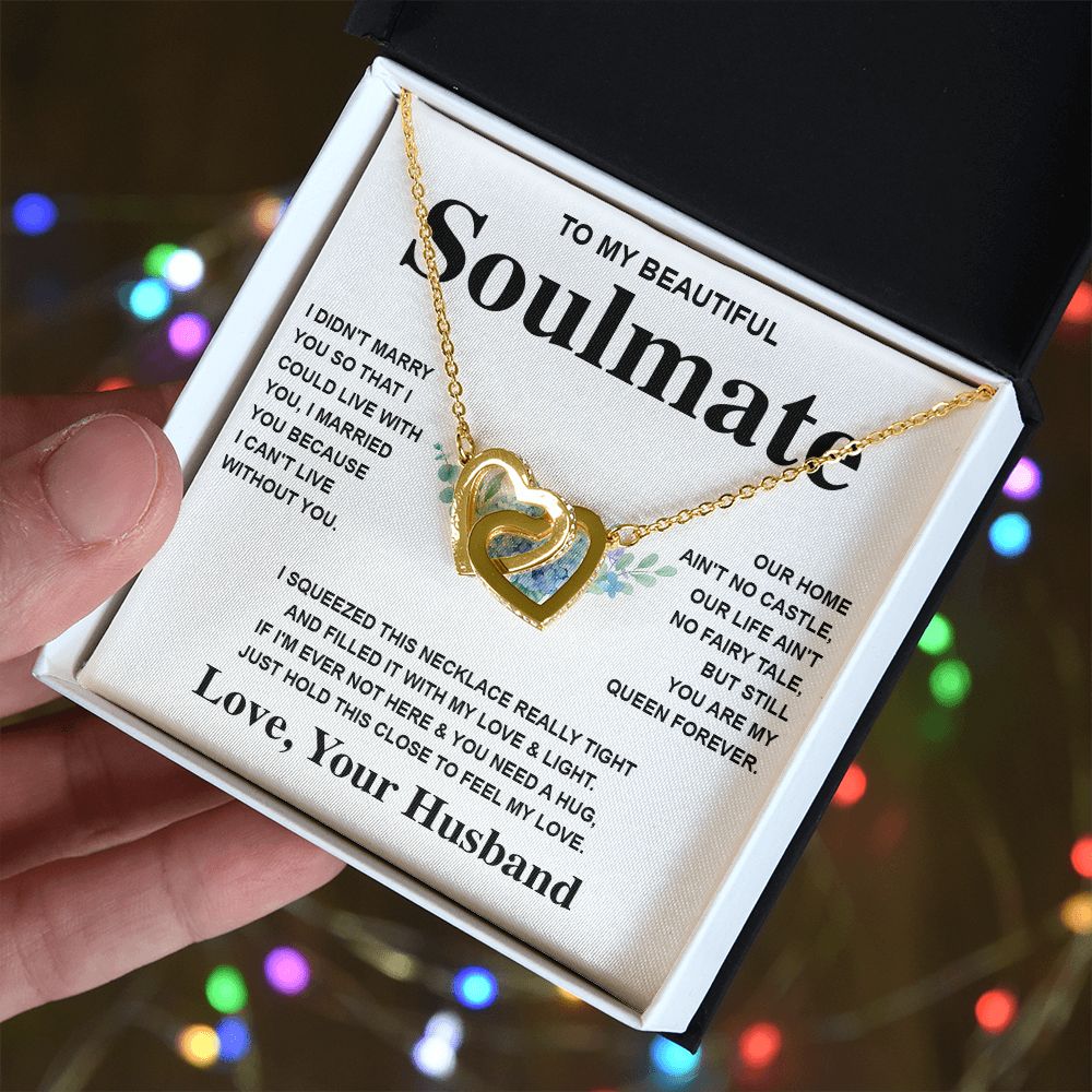 Soulmate Necklace Gift From Husband To My Badass Wife Pendant Valentines Day Anniversary Jewelry with Message Card and Gift Box. Gift for Wife. Necklace Gift Set for Wife Message Card and Necklace Gifts Box Gift Box Styles Interlocking Heart