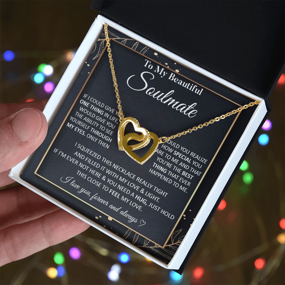 Couples Gifts To My Beautiful Soulmate Necklace From Husband, Anniversary For Wife From Husband, Wife Wedding From Husband, To My Wife, Necklace Custom Name Message Card and Gift Box Styles on Birthday, Christmas, Wedding, Anniversary Interlocking Heart