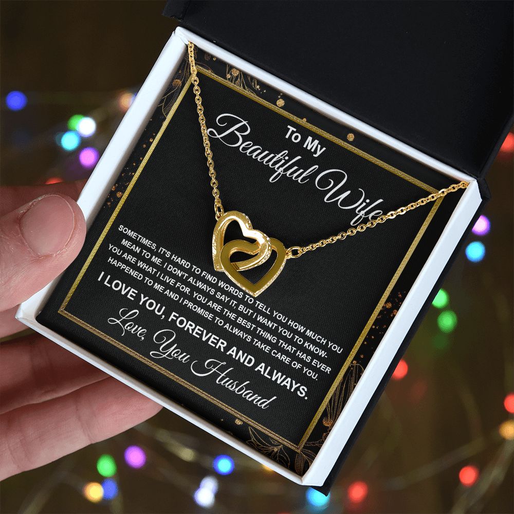 To My Beautiful Wife Necklace From Husband Pendant Jewelry with Message Card and Box Necklaces for Women Valentines Day Happy Anniversary Wedding Present for Birthday, Merry Christmas for Wife Interlocking Heart