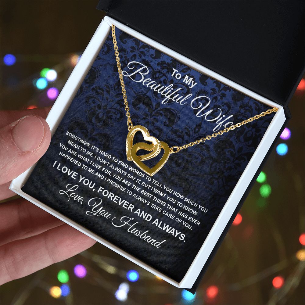 To My Beautiful Wife Necklace From Husband Pendant Jewelry with Message Card and Box Necklaces for Women Valentines Day Happy Anniversary Wedding Present for Birthday Merry Christmas for Wife Interlocking Heart