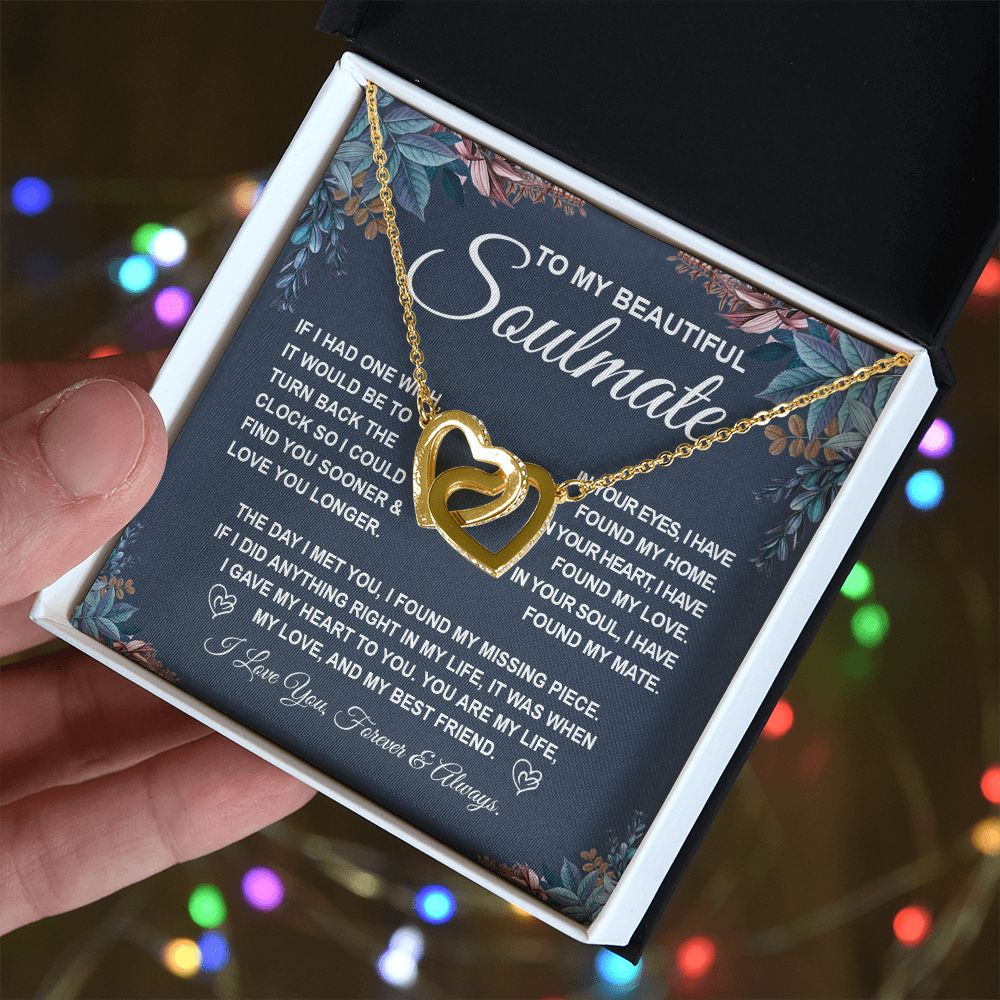 To My Beautiful Soulmate Necklace Gift for Her, Soulmate for Wife Valentine Gifts from Husband, Birthday Jewelry for Women, Soulmate Gifts, Message Card and Necklace Gifts Box Gift Box Styles on Birthday, Wedding, Anniversary, Valentine Interlocking Heart