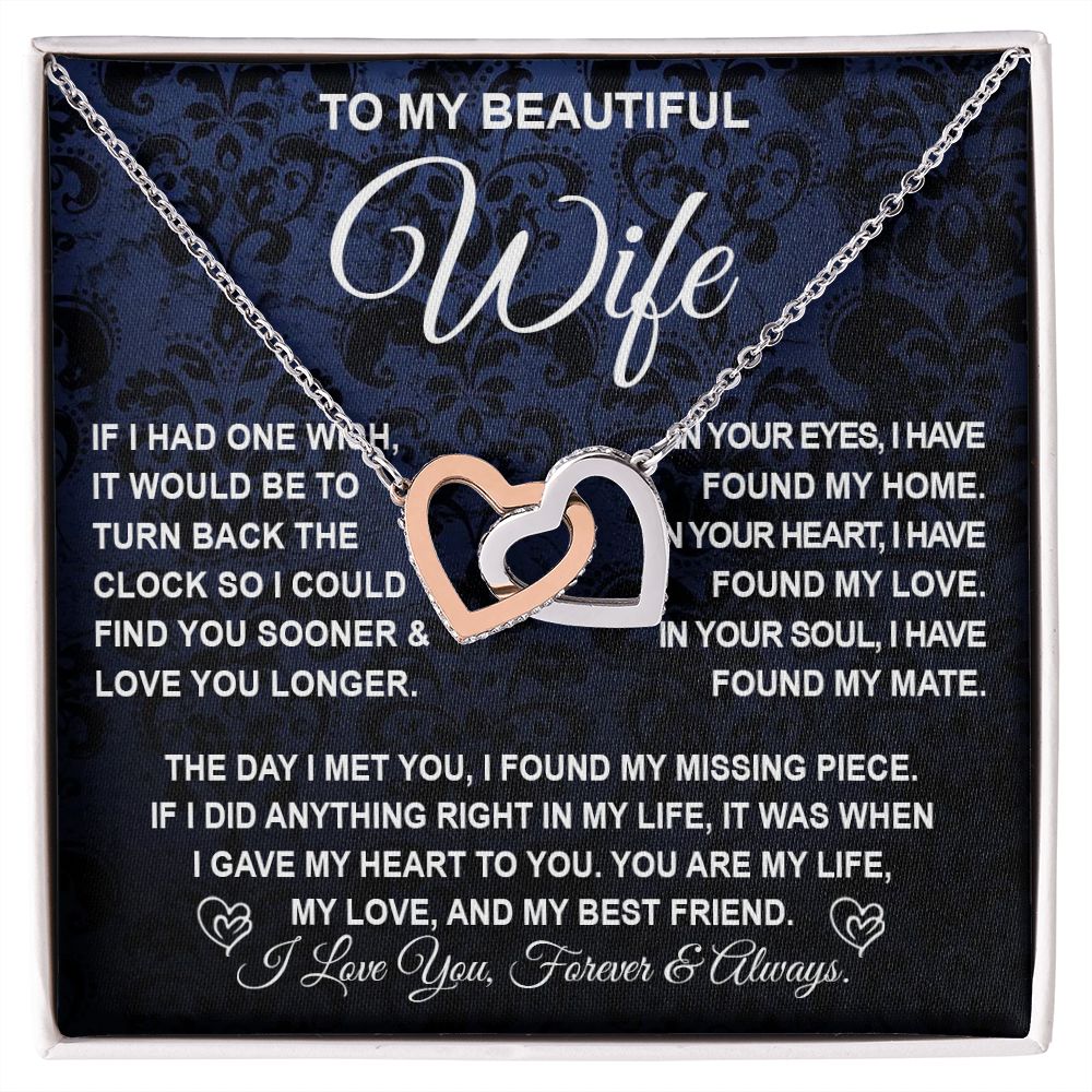 To My Beautiful Wife Necklace Gift for Her, Soulmate for Wife Birthday Gifts from Husband, Wedding Jewelry for Women, Soulmate Gifts, Message Card and Necklace Gifts Box Gift Box Styles on Birthday, Wedding, Anniversary, Valentine Interlocking Heart