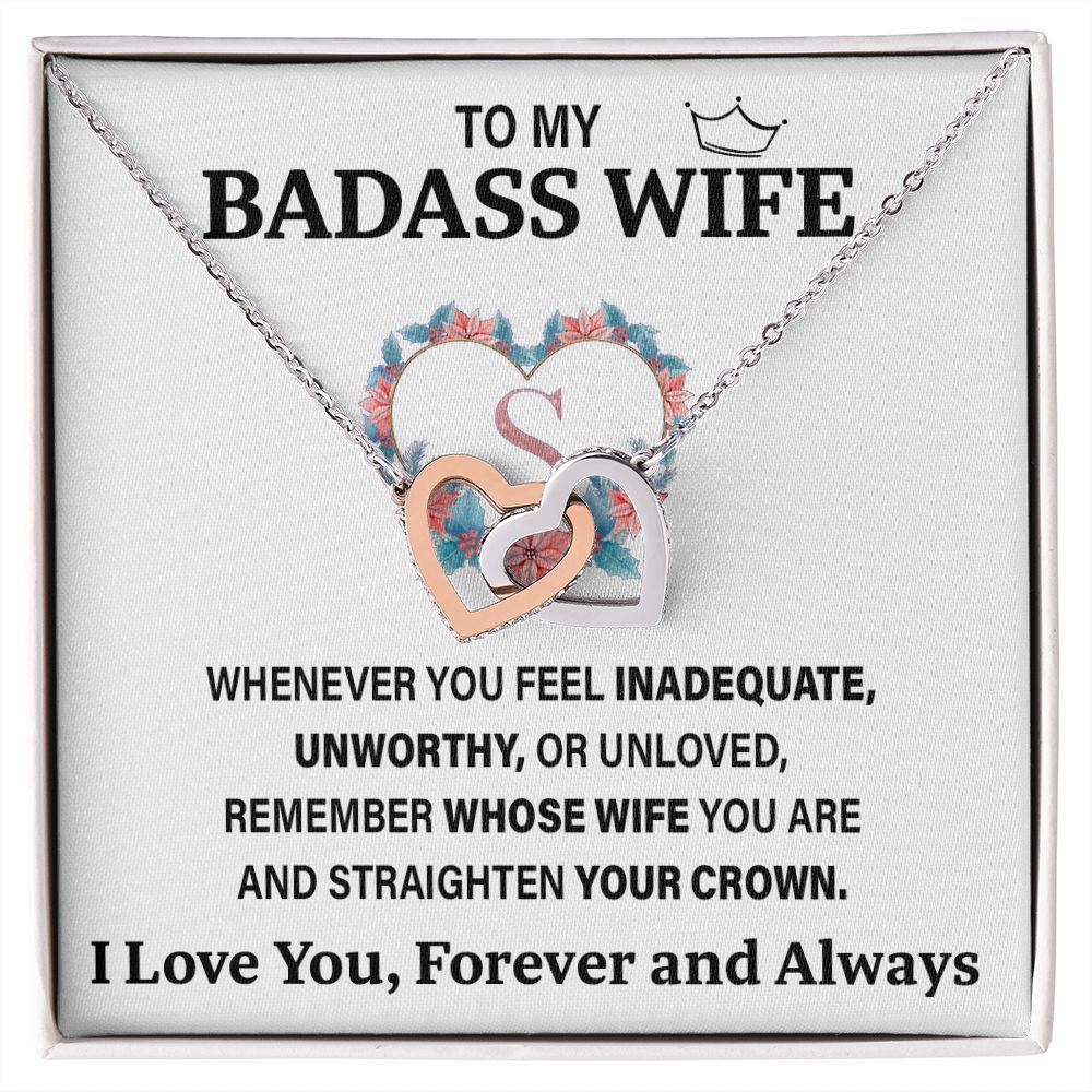 Wife Necklace Gifts From Husband To My Badass Wife Pendant Valentines Day Anniversary Jewelry with Message Card and Gift Box. Gift for Wife. Necklace Gift Set for Wife Interlocking Heart