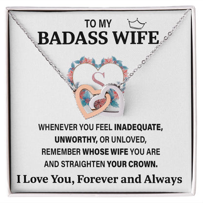 Wife Necklace Gifts From Husband To My Badass Wife Pendant Valentines Day Anniversary Jewelry with Message Card and Gift Box. Gift for Wife. Necklace Gift Set for Wife Interlocking Heart