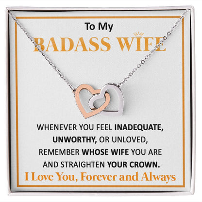 Couples Gifts, To My Badass Dear Wife Necklace Gifts From Husband, Wedding Anniversary For Wife From Husband, Wife Birthday From Husband, Necklace Custom Name Message Card and Gift Box Styles on Birthday, Christmas, Wedding, Anniversary Interlocking Heart