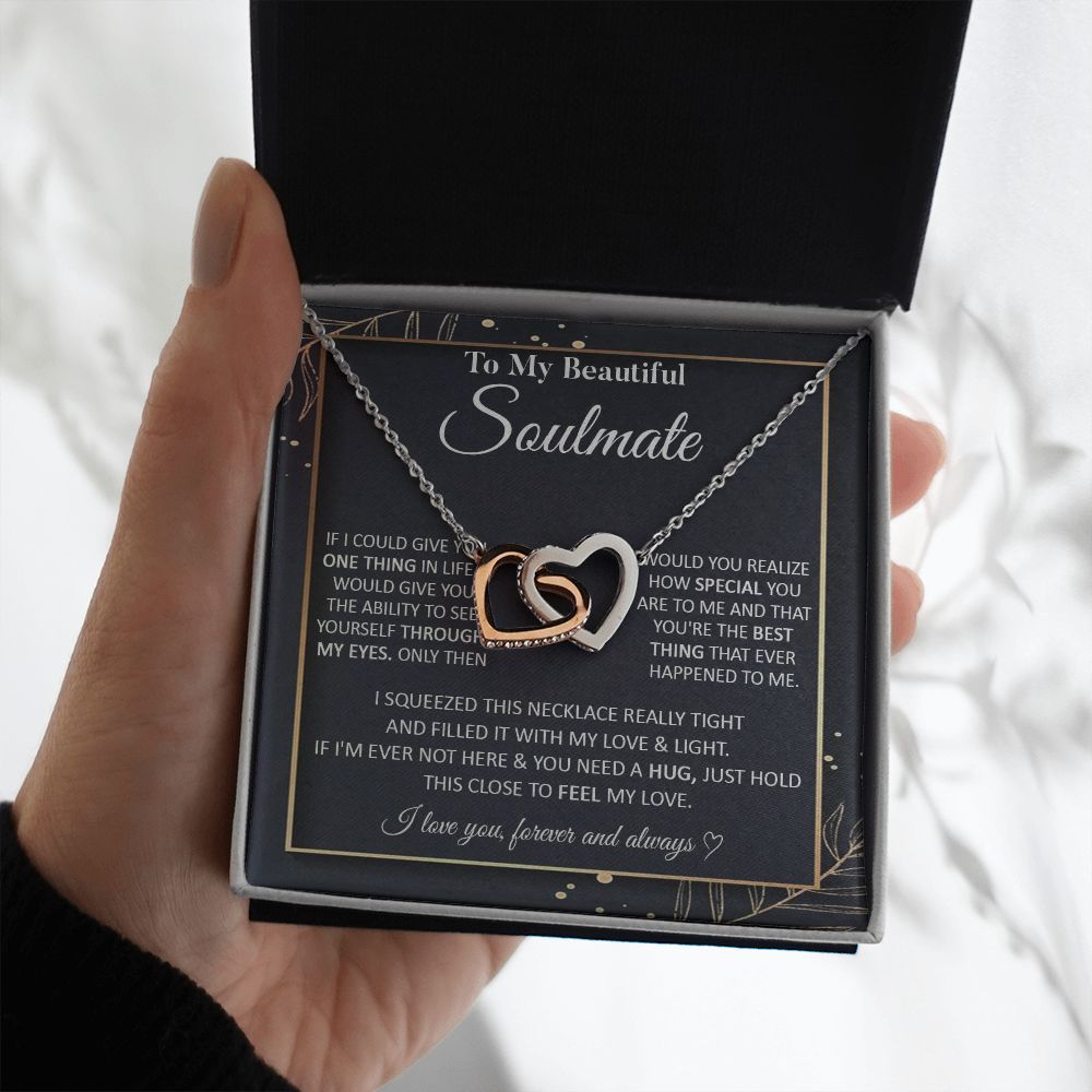 Couples Gifts To My Beautiful Soulmate Necklace From Husband, Anniversary For Wife From Husband, Wife Wedding From Husband, To My Wife, Necklace Custom Name Message Card and Gift Box Styles on Birthday, Christmas, Wedding, Anniversary Interlocking Heart