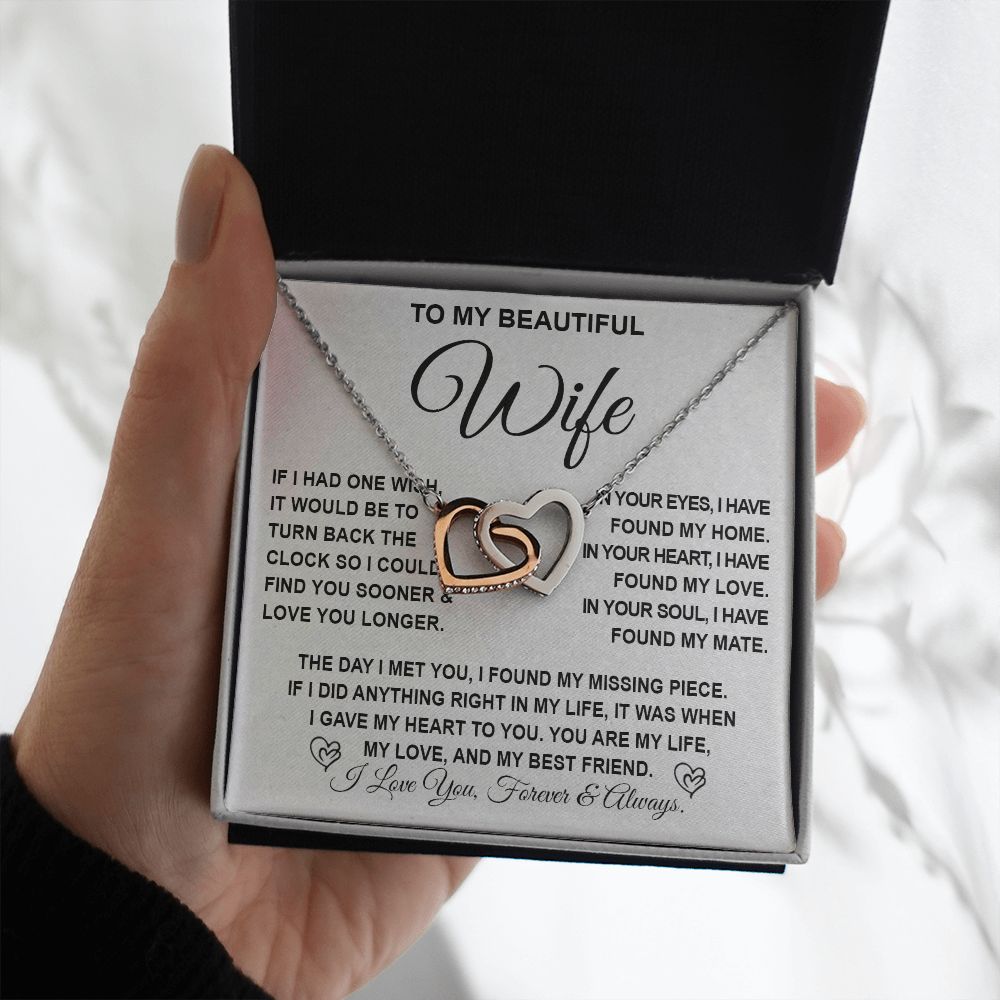 To My Beautiful Wife Necklace Gift for Her, Soulmate for Wife Birthday Gifts from Husband, Anniversary Jewelry for Women, Soulmate Gifts, Message Card and Necklace Gifts Box Gift Box Styles on Birthday, Wedding, Anniversary, Valentine Interlocking Heart