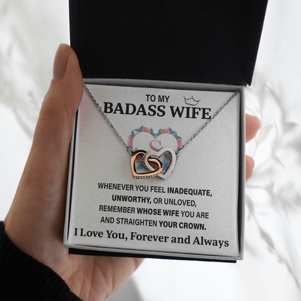 Wife Necklace Gifts From Husband To My Badass Wife Pendant Valentines Day Anniversary Jewelry with Message Card and Gift Box. Gift for Wife. Necklace Gift Set for Wife Interlocking Heart