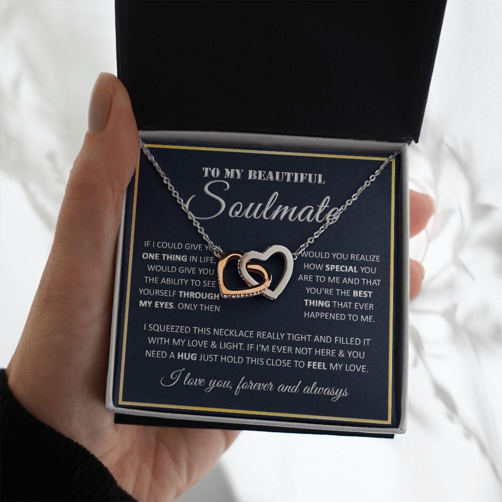 Couples Gifts, To My Beautiful Soulmate Necklace Gifts From Husband, Wedding Anniversary For Wife From Husband, My Beautiful Wife, Necklace Custom Name Message Card and Gift Box Styles on Birthday, Christmas, Wedding, Anniversary Interlocking Heart