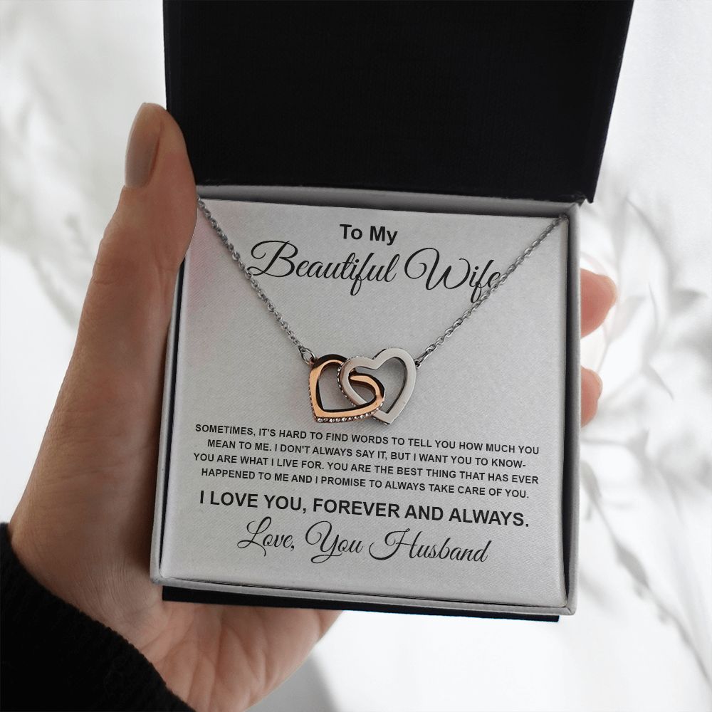 To My Beautiful Wife Necklace From Husband Pendant Jewelry with Message Card and Box Necklaces for Women Valentines Day Happy Wedding Present for Birthday Merry Christmas for Wife Interlocking Heart