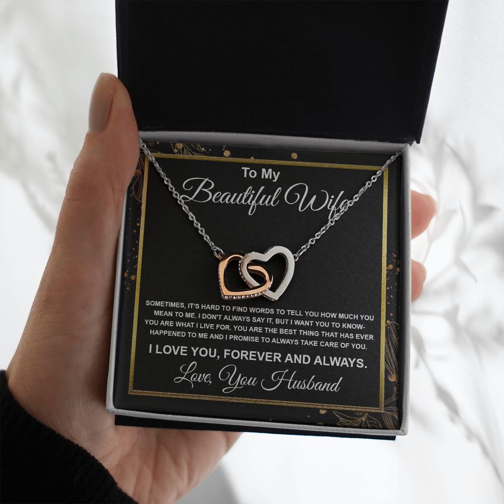 To My Beautiful Wife Necklace From Husband Pendant Jewelry with Message Card and Box Necklaces for Women Valentines Day Happy Anniversary Wedding Present for Birthday, Merry Christmas for Wife Interlocking Heart