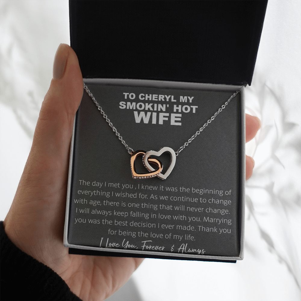 Couples Gifts, To My Smokin's Hot Wife Necklace, Bonus Necklace Gift For Her, Birthday Gift Necklaces Customer Name Message Card and Gift Box styles On Birthday, Christmas, Anniversary Interlocking Heart