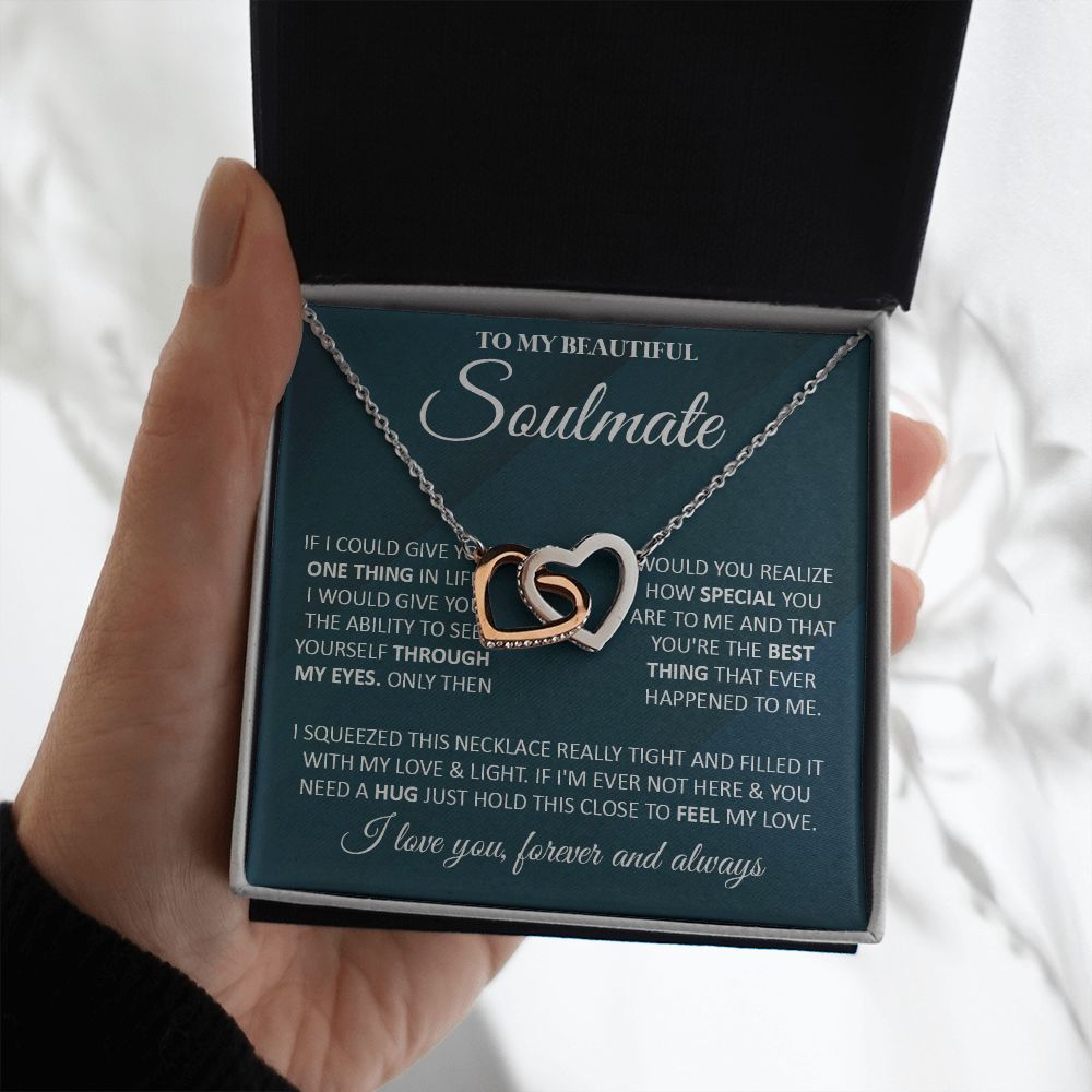 Couples Gifts, To My Beautiful Soulmate Necklace From Husband, Valentine For Wife From Husband, Wife Wedding From Husband, To My Wife, Necklace Custom Name Message Card and Gift Box Styles on Birthday, Christmas, Wedding, Anniversary Interlocking Heart